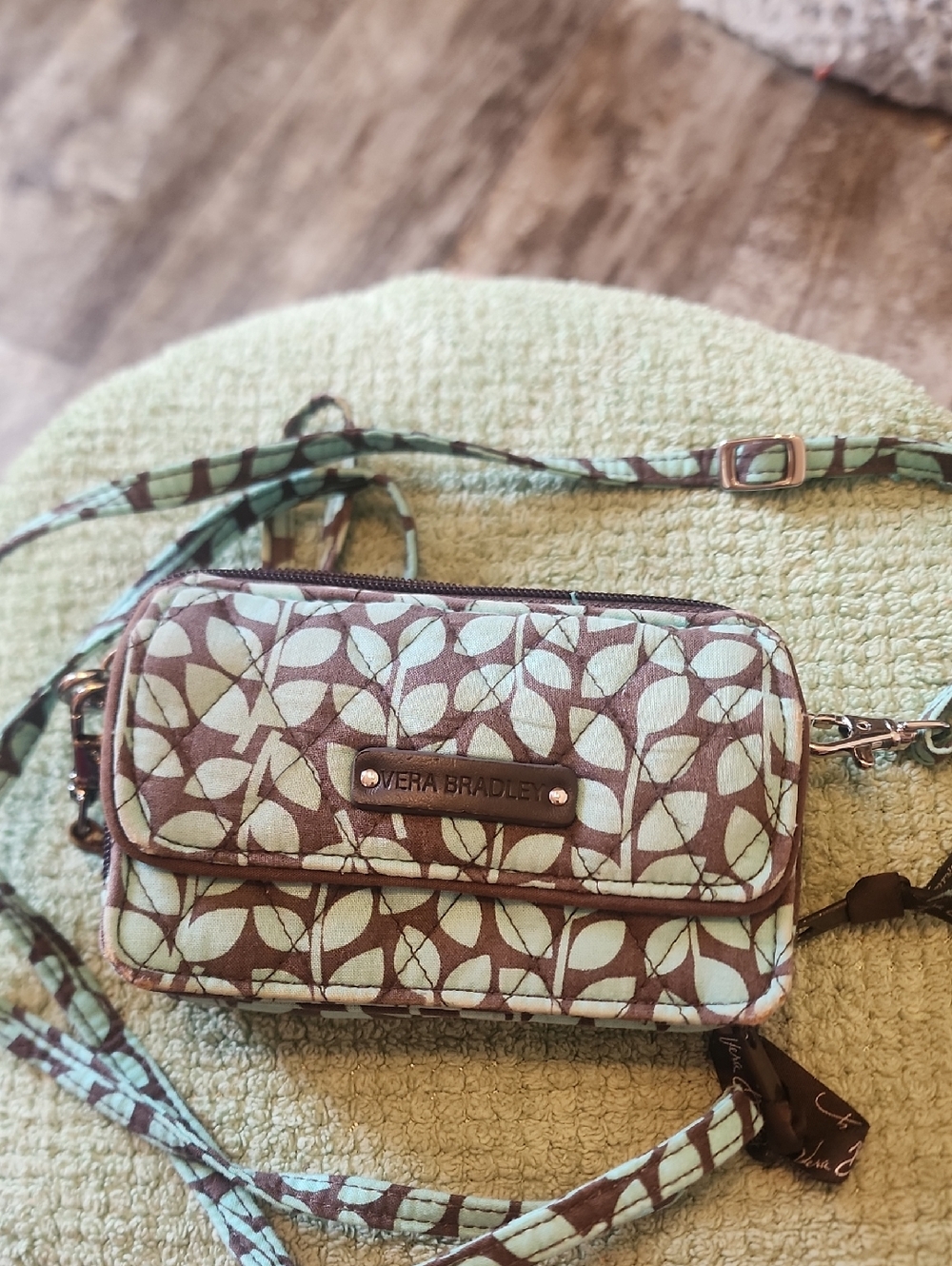 Vera Bradley Brown and Mint Leaf Print Crossbody Bag